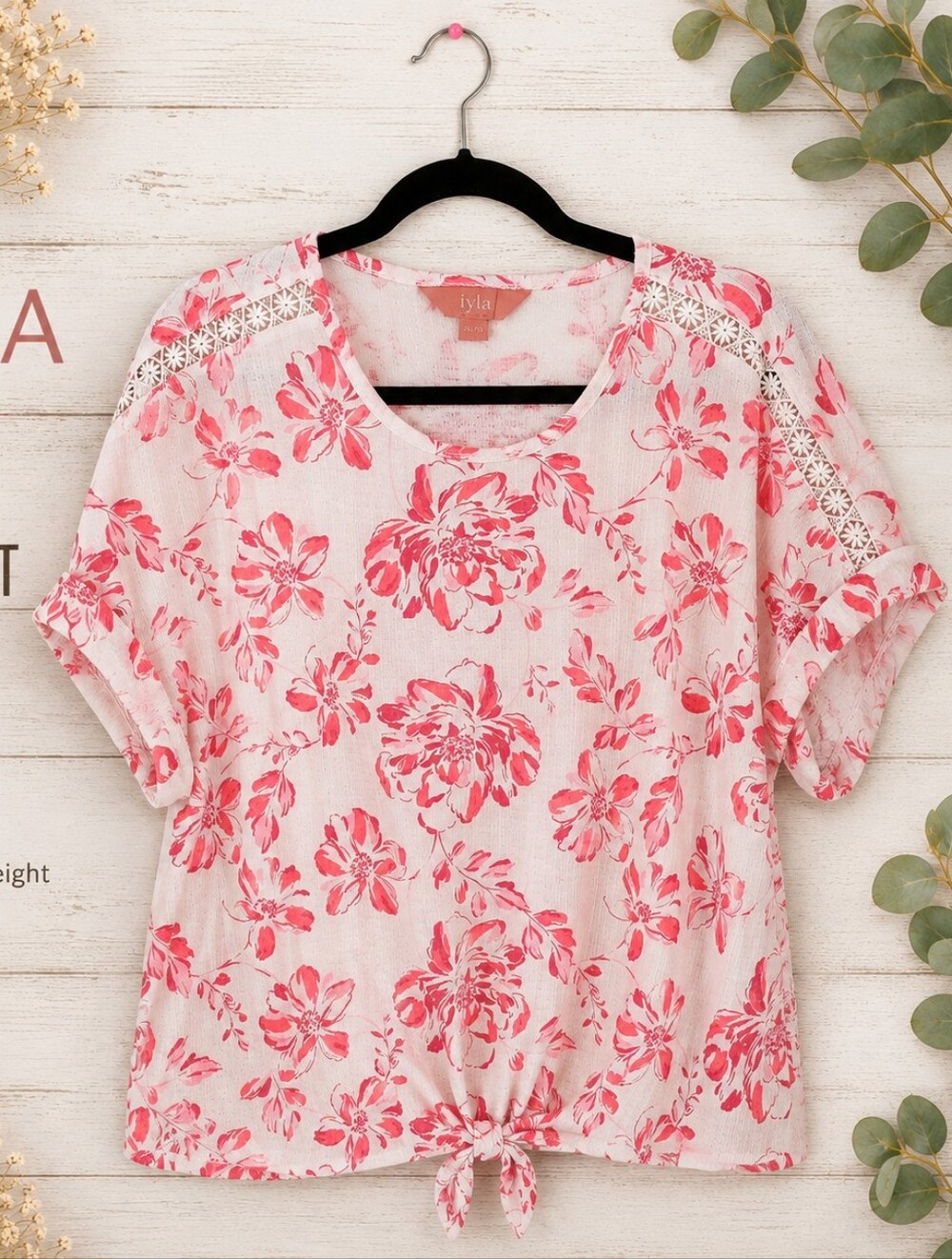 Iyla XL Pink Floral Tie Front Blouse Lace Detail Short Sleeve